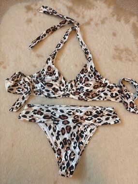 Leopard Print Bikini Set - White, Brown & Black